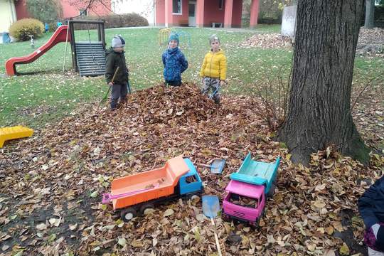 Úklid školní zahrady - hrabání listí 1