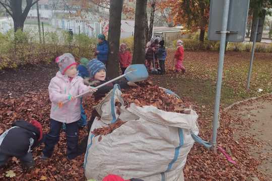 Úklid školní zahrady - hrabání listí 1