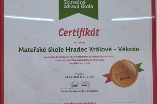První mateřská škola v Hradci Králové získala bronzový certifikát 1